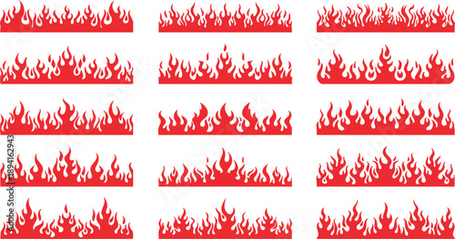 Red Fire Flame Border Divider Set on White Background, Stylized Red Flame Borders and Fire Divider Elements, Abstract Red Fire Border Collection with Flame Lines, Burning Red Flame Divider Set Isolate