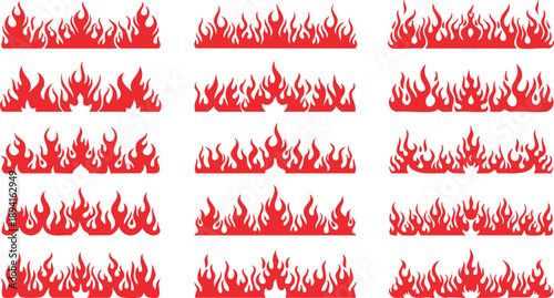 Red Fire Flame Border Divider Set on White Background, Stylized Red Flame Borders and Fire Divider Elements, Abstract Red Fire Border Collection with Flame Lines, Burning Red Flame Divider Set Isolate