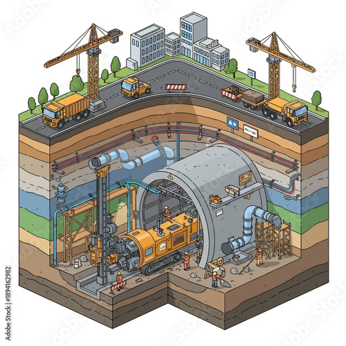 Underground tunnel construction site with machinery and workers.