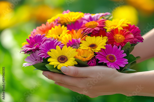 Bright colorful bouquet of gerbera daisies gently held in hands against a soft green background conveying joy freshness and positive emotions