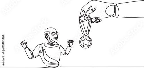 Continuous one line drawing a smart robot was happy to get medal award from giant hand. Win the competition. Interesting achievement. Future technology. one line Icon drawing