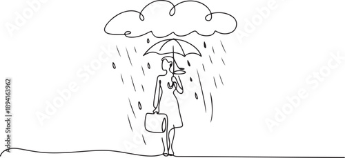 Continuous one line drawing businesswoman with briefcase and umbrella stand under rain cloud. Depression, passerby at rainy weather. Drenched woman. one line Icon drawing