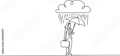Continuous one line drawing businesswoman with briefcase and umbrella stand under rain cloud. Depression, passerby at rainy weather. Drenched woman. one line Icon drawing