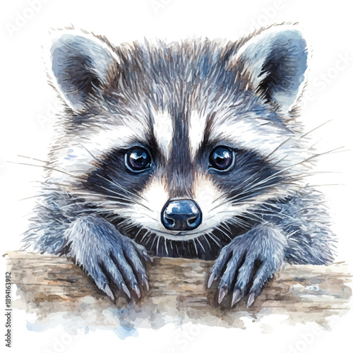 Raccoon, serene watercolor vector artwork with smooth washes of color and refined textures, isolated on a white background.