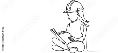 One line drawing of a girl reading a book on a construction helmet, representing education, empowerment, and equality in a global humanitarian concept. one line Icon drawing