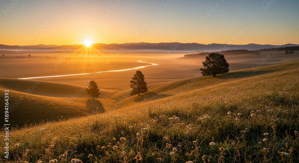 Obraz premium Golden sunrise over rolling hills with trees and misty landscape