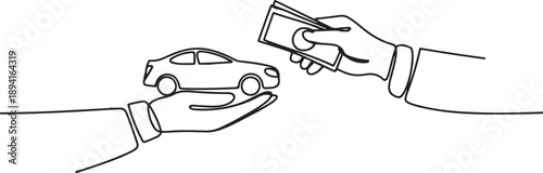 Single continuous line drawing buying or renting car. Car and money holding in hand. Hand of car salesman manager and customer holding car and money. one line Icon drawing