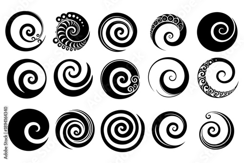 Set of 15 Polynesian style koru spiral swirls. Traditional New Zealand Maori art, minimalist style icon or logo. Vector illustration.