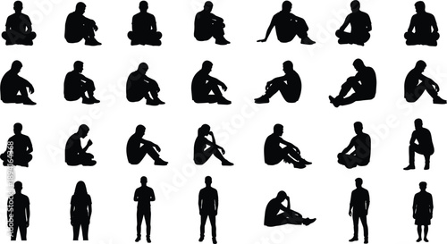 Collection of Diverse Human Silhouettes in Various Poses on White Background people woman