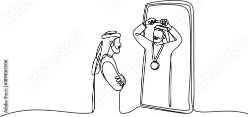 Continuous one line drawing Arab businessman looking at mirror and seeing in reflection of himself with holding gold medal, person overestimate himself. one line Icon drawing