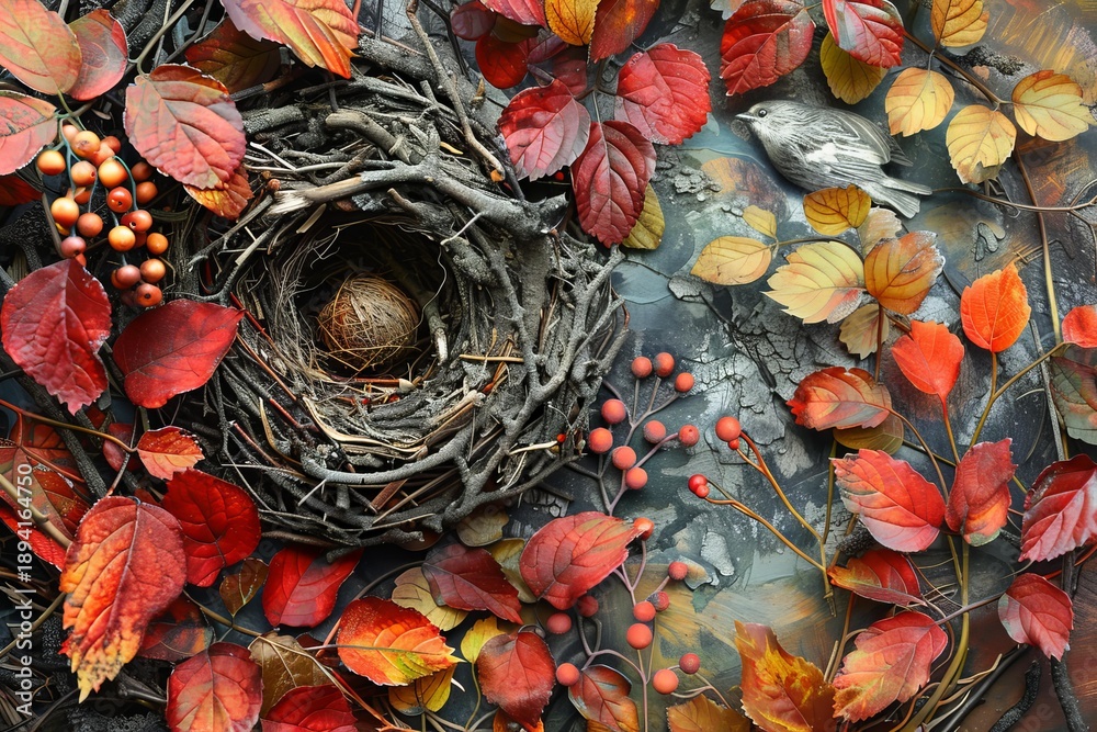Naklejka premium Intricate bird nest with a single egg, nestled among vibrant autumn leaves and berries, creating a captivating seasonal scene
