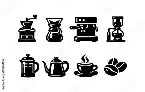 Coffee brewing icons: grinder, press, espresso, drip, kettle, cup, beans