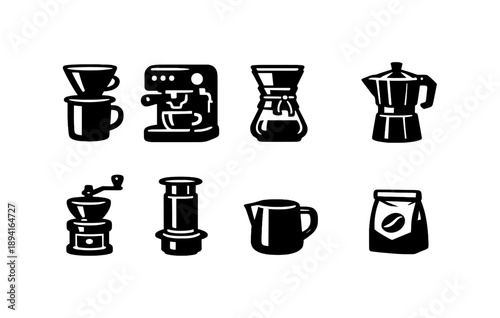Black coffee icons: espresso machines, drippers, grinders, and more