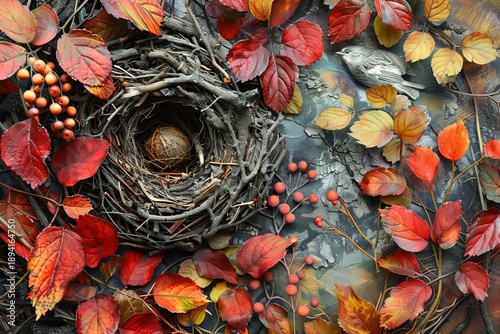 Intricate bird nest with a single egg, nestled among vibrant autumn leaves and berries, creating a captivating seasonal scene