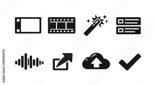Set of video and audio editing icons including sound wave and upload symbols