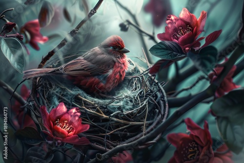 Small red bird resting peacefully in its nest surrounded by vibrant red flowers, creating a serene natural scene
