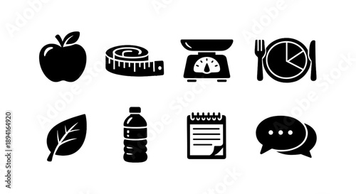 Black and white icons of nutrition and healthy lifestyle concepts