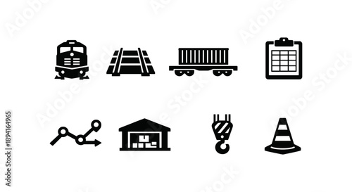 Logistics icons set: train, rail, container, clipboard, chart, warehouse, crane, cone