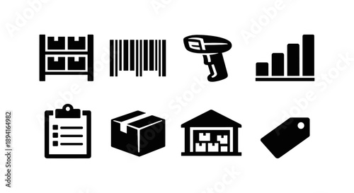 Warehouse inventory icons: barcode, scanner, graph, clipboard, box, storage, tag