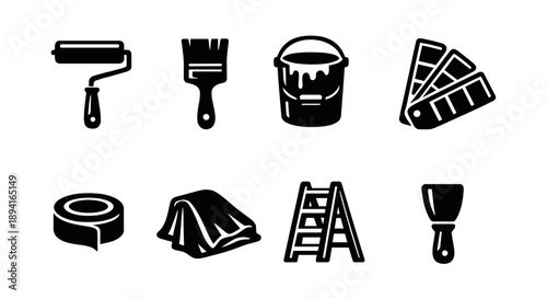 Home renovation tools: paint roller, brush, ladder, and more