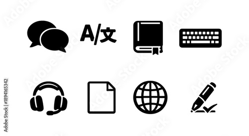 Language tools icons: translation symbols, book, keyboard, headset, document, globe, pen