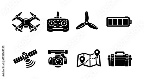 Drone and accessories icons set including remote, propeller, battery, satellite, camera, map, case