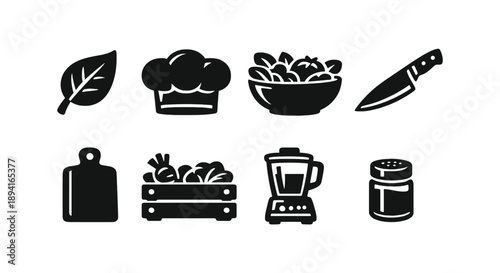 Culinary icons: leaf, chef hat, bowl, knife, cutting board, crate, blender, spice jar