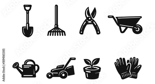 Gardening tools collection: shovel, rake, pruner, wheelbarrow, watering can, lawn mower, plant pot, gloves