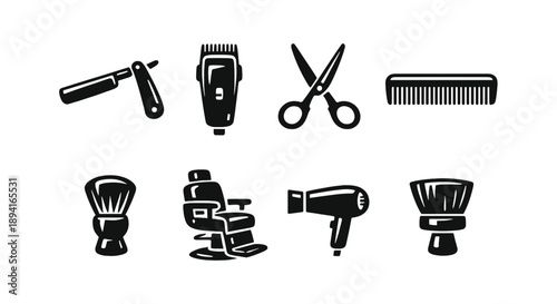 Vintage barber tools - razor, clipper, scissors, comb, chair, dryer, brush