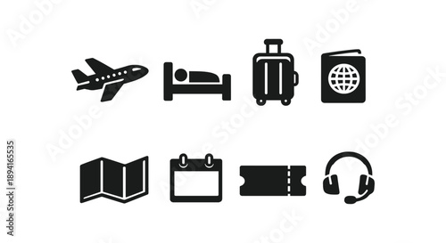 Travel icon set featuring airplane, luggage, passport, map, calendar, and headset