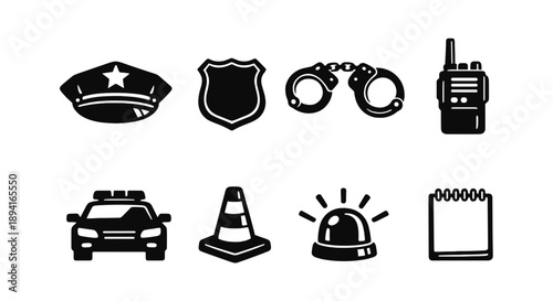 Police equipment icons: hat, badge, handcuffs, radio, car, cone, light, notebook