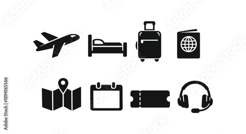 Travel and hospitality icons: airplane, luggage, passport, map, calendar, tickets, headset