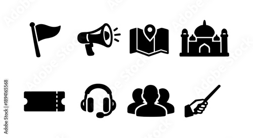 Travel icons set: flag, megaphone, map, landmark, ticket, headset, group, pointer