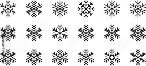 Collection of fifteen distinct snowflake icons representing winter frost and delicate frozen precipitation patterns