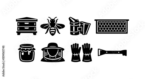 Beehive tools and equipment icons: beehive, honeybee, smoker, honey, protective gear