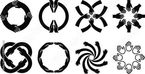 Diverse representations of teamwork and unity depicted through interlocking hands forming circular and abstract shapes symbolizing cooperation and connection
