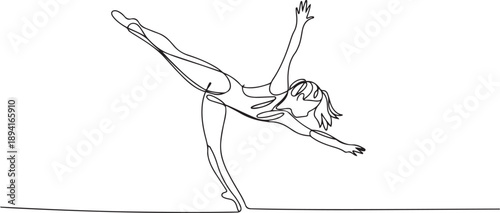 Single continuous line drawing of young beauty professional gymnast girl perform floor exercise. Rhythmic gymnastic training and stretching concept. one line Icon drawing