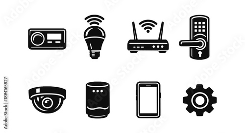 Set of smart home device icons including camera, bulb, router, lock, speaker, and phone