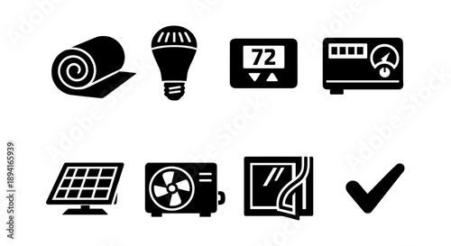 Energy efficiency icons: insulation, led, thermostat, meter, solar, hvac, window, checkmark