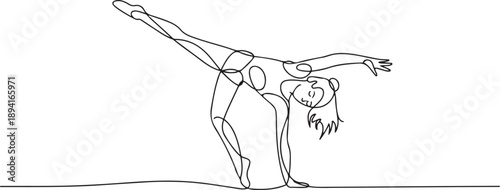 Single continuous line drawing of young beauty professional gymnast girl perform floor exercise. Rhythmic gymnastic training and stretching concept. one line Icon drawing