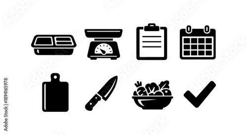 Kitchen essentials icons: meal prep tools and ingredients in black and white