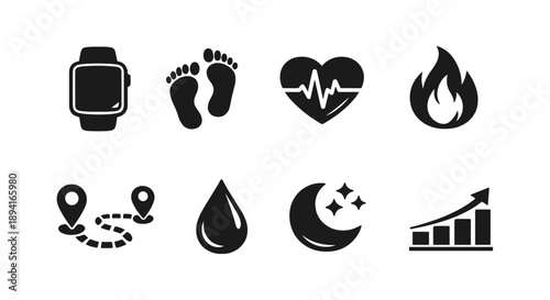 Minimalist fitness icons set featuring watch, heartbeat, fire, and growth chart