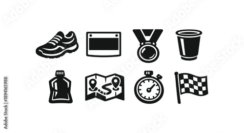 Marathon essentials: running shoe, medal, stopwatch, flag icons