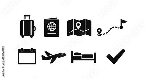 Travel icons: suitcase, passport, map, location, calendar, airplane, bed, checkmark