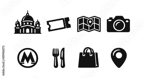 Travel icons set: landmark, ticket, map, camera, metro, dining, shopping, location pin
