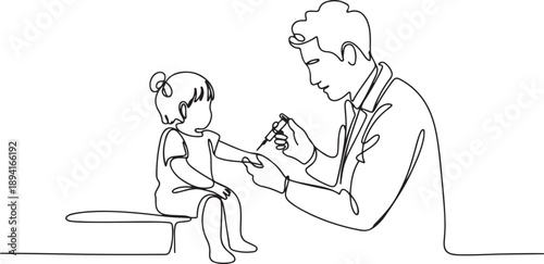 Single continuous line drawing of young male pediatric doctor giving injection to toddler girl patient at hospital. Medical health care treatment concept. one line Icon drawing