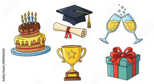 A colorful vector graphic celebrating graduation with cake, champagne, and awards