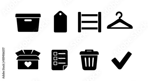Black silhouette icons: storage, label, shelf, hanger, box, checklist, trash, checkmark