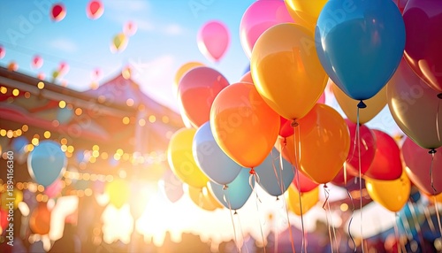 A vibrant cluster of colorful balloons ascends against a bright, sunny sky near a festive carnival tent.