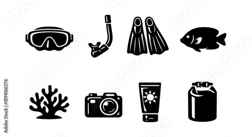Diving gear essentials: snorkel, fins, fish, coral, camera, sunscreen, dry bag icons